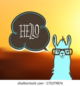 Hello card with bubble, hipster lama with glasses on blur modern background. Vector. Editable. Blurred. 