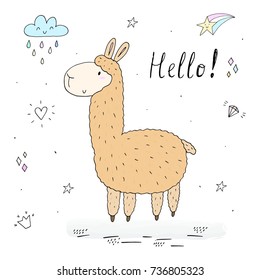 Hello card with Cute hand drawn funny llama. vector print.