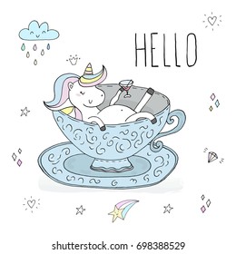 Hello card. Cute Unicorn takes a bath in a porcelain cup. Printable templates.