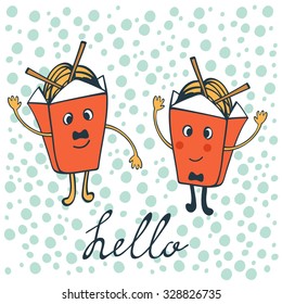 Hello card with funny characters. Chinese food boxes. Illustration in vector format