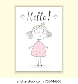 Hello card. Hand Drawn cute little girl, doodle nursery illustration. Printable template.