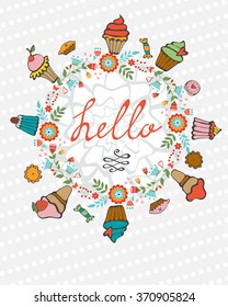Hello card with hand drawn desserts composed in a heart