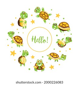 Hello Card with Happy Green Turtle with Shell Vector Illustration
