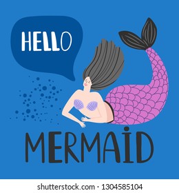 Hello card with happy mermaid vector template. Illustration of mermaid say hello