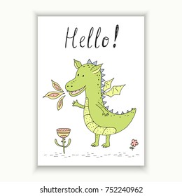 Hello card. Happy Smiling Dragon Cartoon Character. Vector illustration.