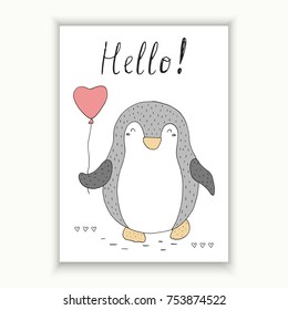 Hello card with penguins and balloon. Printable templates.