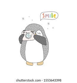 Hello card with penguins and camera. Printable templates. vector print