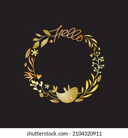 Hello card, print or poster.  Vector design friendly illustration with leafs, bird in the circle shape. Simple floral wreath composition with free space for your text. 