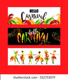 Hello Carnival. Bright festive banners trending abstract style. Vector illustration