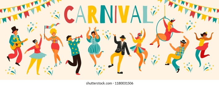 Hello Carnival Vector illustration of funny dancing men and women in bright costumes. Design element for carnival concept and other users
