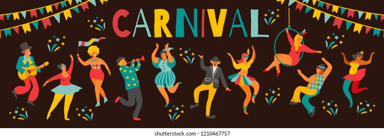 Hello Carnival Vector illustration of funny dancing men and women in bright costumes. Design element for carnival concept and other users