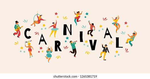 Hello Carnival Vector illustration of funny dancing men and women in bright costumes. Design element for carnival concept and other users