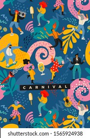 Hello Carnival. Vector illustration of funny dancing men and women in bright modern costumes. Design element for carnival concept and other use.