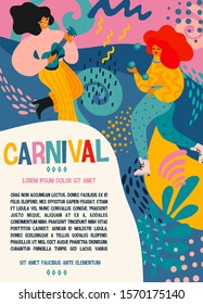 Hello Carnival. Vector poster with funny dancing men and women in bright modern costumes. Design element for carnival concept and other use.
