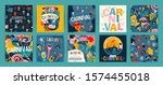 Hello Carnival. Vector set of illustrations with funny dancing men and women in bright modern costumes, carnival objects and abstract shapes. Design element for poster, cars, banner and other use.