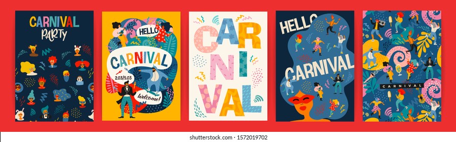 Hello Carnival. Vector set of illustrations with funny dancing men and women in bright modern costumes, carnival objects and abstract shapes. Design element for poster, card, banner and other use.