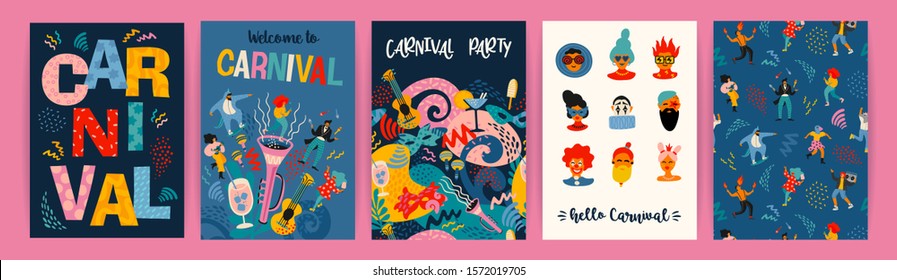 Hello Carnival. Vector set of illustrations with funny dancing men and women in bright modern costumes, carnival objects and abstract shapes. Design element for poster, card, banner and other use.