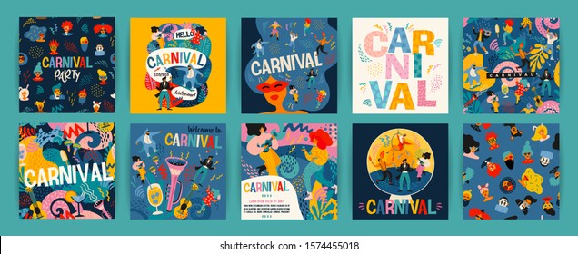 Hello Carnival. Vector set of illustrations with funny dancing men and women in bright modern costumes, carnival objects and abstract shapes. Design element for poster, cars, banner and other use.