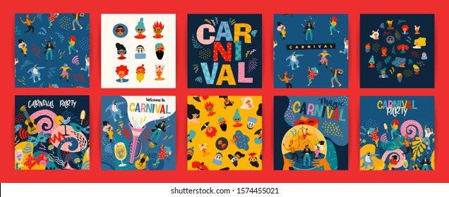 Hello Carnival. Vector set of illustrations with funny dancing men and women in bright modern costumes, carnival objects and abstract shapes. Design element for poster, cars, banner and other use.