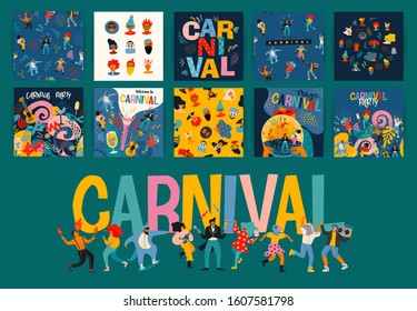 Hello Carnival. Vector set of illustrations with funny dancing men and women in bright modern costumes, carnival objects and abstract shapes. Design element for poster, cars, banner and other use.