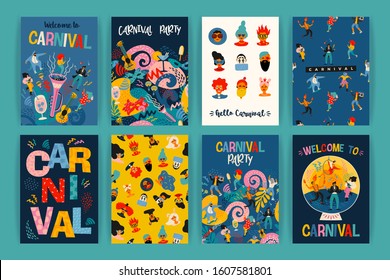 Hello Carnival. Vector set of illustrations with funny dancing men and women in bright modern costumes, carnival objects and abstract shapes. Design element for poster, cars, banner and other use.