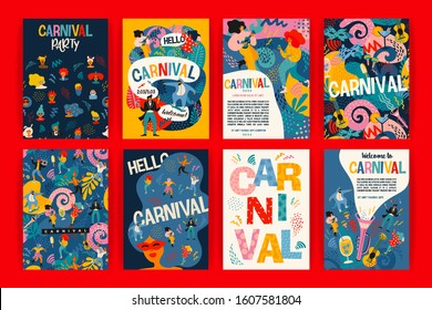 Hello Carnival. Vector set of illustrations with funny dancing men and women in bright modern costumes, carnival objects and abstract shapes. Design element for poster, cars, banner and other use.