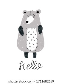 hello. cartoon bear, hand drawing lettering. flat style, colorful vector for kids. baby design for cards, poster decoration, t-shirt print