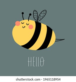 Hello. cartoon bee, hand drawing lettering. flat style, colorful vector illuatration for kids. baby design for cards, poster decoration, t-shirt print