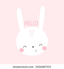 Hello. cartoon bunny, hand drawing lettering, decorative elements. flat style, colorful vector for kids. baby design for cards, poster decoration, t-shirt print
