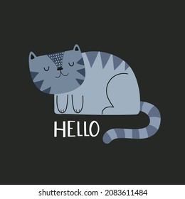 hola. gato de dibujos animados, letras de dibujos a mano. ilustración de estilo plano vectorial colorido para niños. diseño de bebé para tarjetas, impresiones, carteles, cubierta