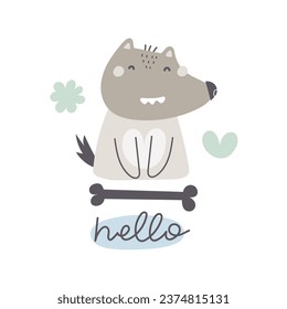 Hello. cartoon dog, hand drawing lettering . Colorful flat vector illustration for children. baby design for prints, posters, cards