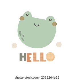 hello. Cartoon frog, hand drawing lettering. flat style, colorful vector for kids. baby design for cards, poster decoration, t-shirt print
