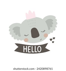 Hello. cartoon koala, hand drawing lettering, decorative elements. flat style, colorful vector for kids. baby design for cards, poster decoration, t-shirt print
