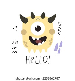 hello. Cartoon monster, hand drawing lettering. flat style, colorful vector for kids. baby design for cards, poster decoration, t-shirt print