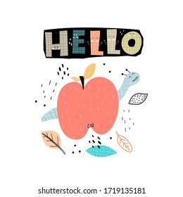 hello. cartoon worm, apple, hand drawing lettering, decor elements. flat style, colorful vector for kids. baby design for cards, poster decoration, t-shirt print