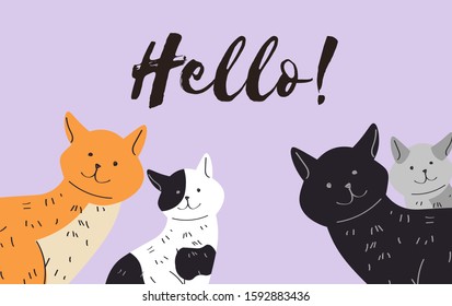 Hello cat text card vector illustration funny style cats characters welcome poster. Black and white kitty