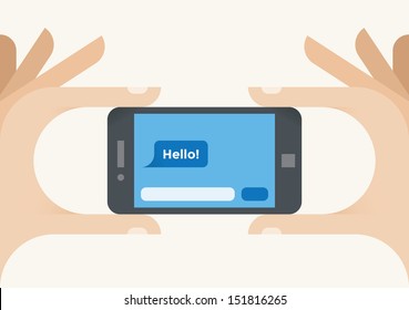 Hello! chat social media (Facebook messenger, Whatsapp, Wechat, QQ) message on mobile smartphone screen in human hands. Concepts: online messaging, Internet dating, web relationships, new friendship