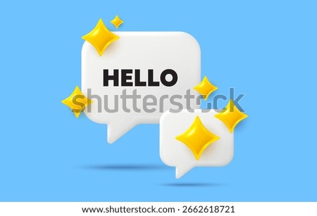 Hello chat speech bubble. Social media concept. Hello welcome tag. Hi invitation offer. Formal greetings message. 3d sparkles chat bubble. Vector