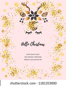 Hello Christmas card with deer. Cute Deer vector illustration as logo, badge, patch isolated on pink background. Template for invitation, birthday, greetings, party, Merry Christmas motive.