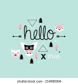 Hello Christmas geometric pastel Scandinavian style owl bear and fox illustration postcard cover design in vector