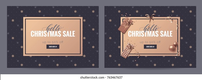 Hello christmas sale posters. Beautiful holiday background with snowflakes and decorations. Voucher discount. Vector illustration