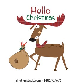 Hello Christmas text, with funny smiling reindeer, bag and carrots. Good for greeting card, t shirt print, poster, banner and gift design.