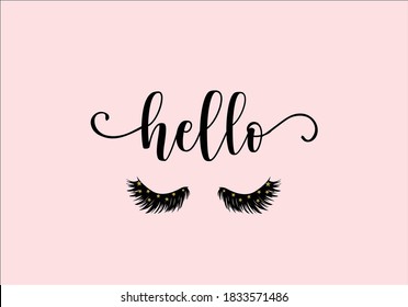 hello Closed eyes lashes with decorative lettering hand drawn Long black illustration. Beautiful Eyelashes isolated on white. For beauty salon, lash extensions maker. Golden glitter