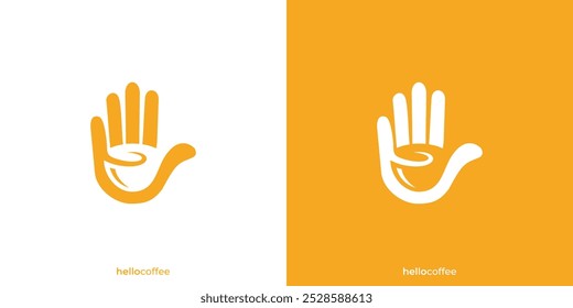 Hallo Kaffee Logo. Abstrakte Kaffeetasse in der Handfläche. Hand Kaffee Logo, Symbol, Symbol, Vektorgrafik, Design-Inspiration.