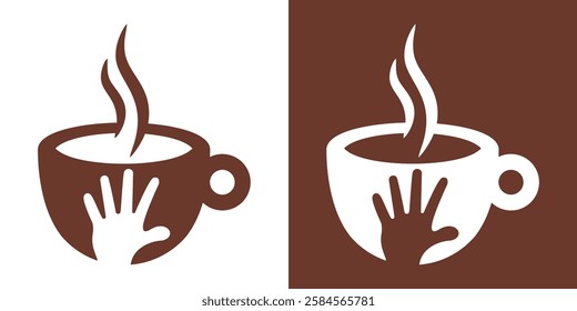 Hello Coffee Logo. Abstract Coffee Cup in the Palm of the Hand. Hand Coffee Logo, Icon, Symbol, Vector, Design Inspiration.
