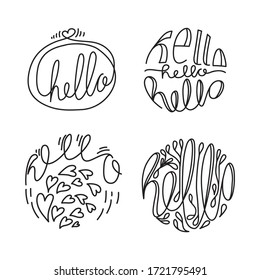 HELLO - collection of vector outline, hand drawing lettering in circles shapes. Black elements on white isolated background. Handwritten silhouette. Friendship concept. One line elements, hearts.  