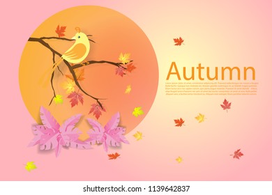 Hello colorful bird over leaves autumn season with sale shopping poster and Special offer discount.