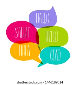 Hello colorful doodle speech bubbles vector lettering. English, French, Italian, Spanish and German. Motivational inspirational quote. T-shirt, wall poster, mug print