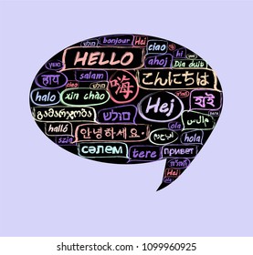 Hello colorful speech bubble word cloud in many different languages.
