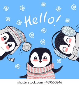 Hallo konzeptueller Banner. Drei kleine Pinguine, die Grüße sagen. Pinguintiere in Pullover, Hut und Kopfhörer. Endlose Textur mit polaren Wintervögeln. Tapete-Design mit Cartoon-Charakter-Pinguin